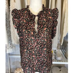 BB Dakota by Steve Madden Women's Size M Black Floral Ruffle Sleeve Blouse #0322